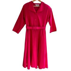 VTG Pink Shirt Dress Sz 14 Fit Flair Barbiecore Pinup Cosplay Belted Midi Retro